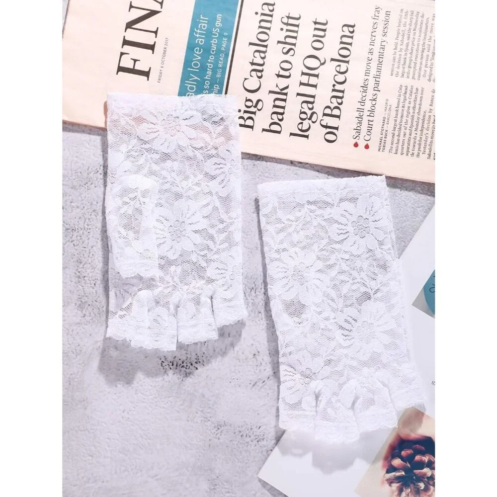 Women's White Floral Short Lace Gloves Sunblock Fingerless Bridal Opera Party